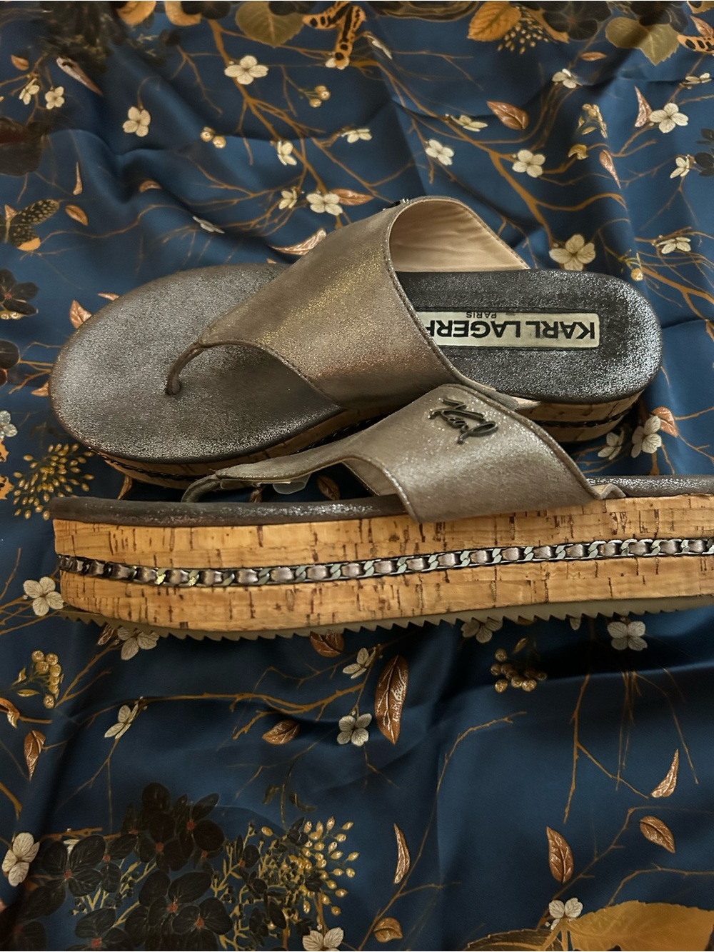 Karl Lagerfeld Metallic Pewter Cork Platform Thong Sandals - Pewter